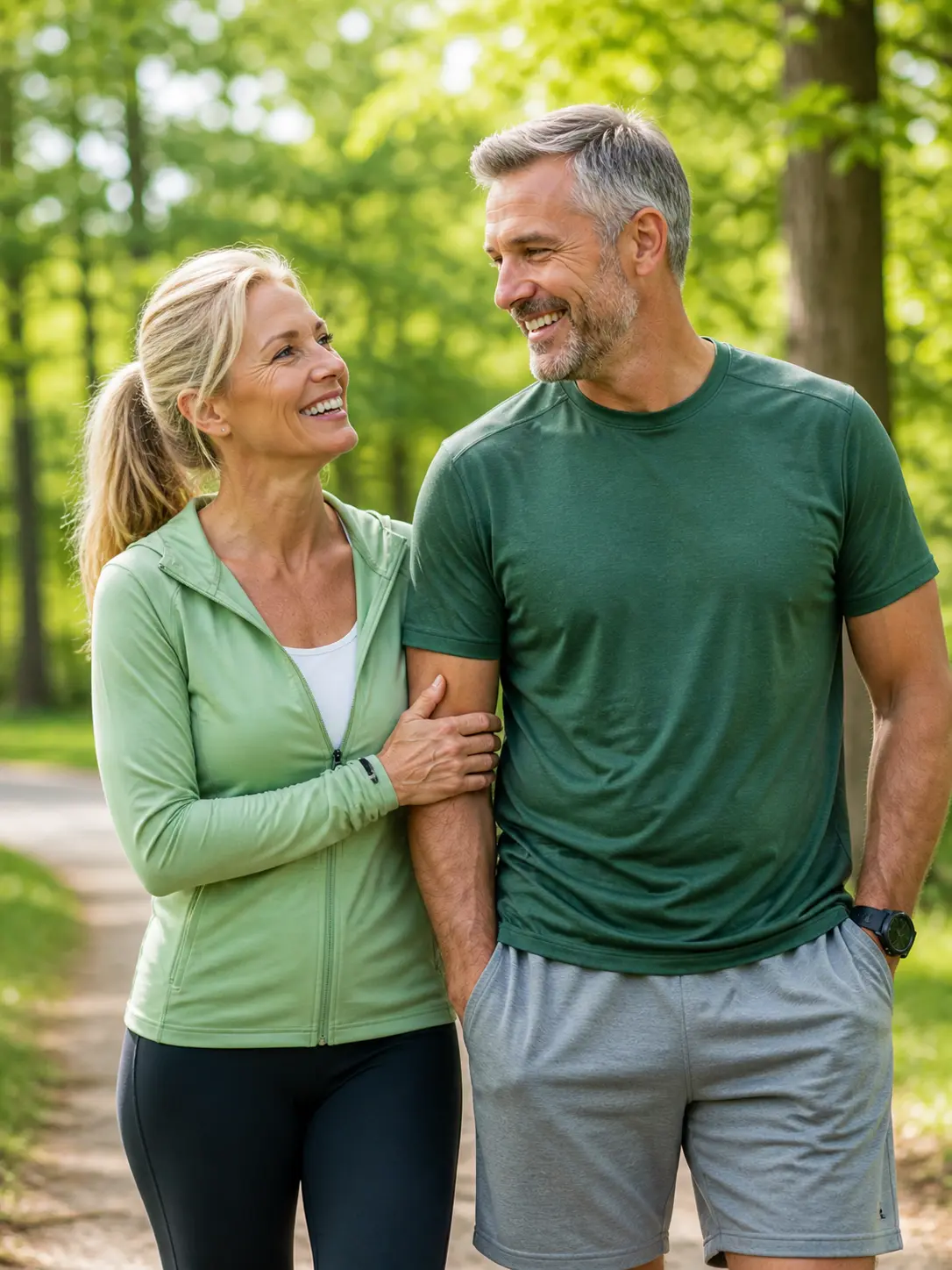 couple over 40 happy in green forest