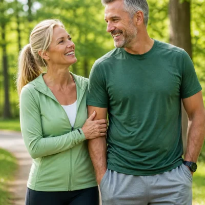 couple over 40 happy in green forest